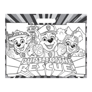 Black and white Paw Patrol 'Pups to the Rescue' coloring page or print featuring the汪汪队 characters with a hanging cutout at the top.