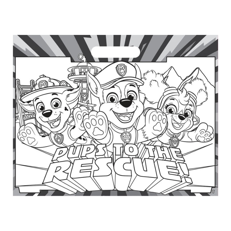 Black and white Paw Patrol 'Pups to the Rescue' coloring page or print featuring the汪汪队 characters with a hanging cutout at the top.
