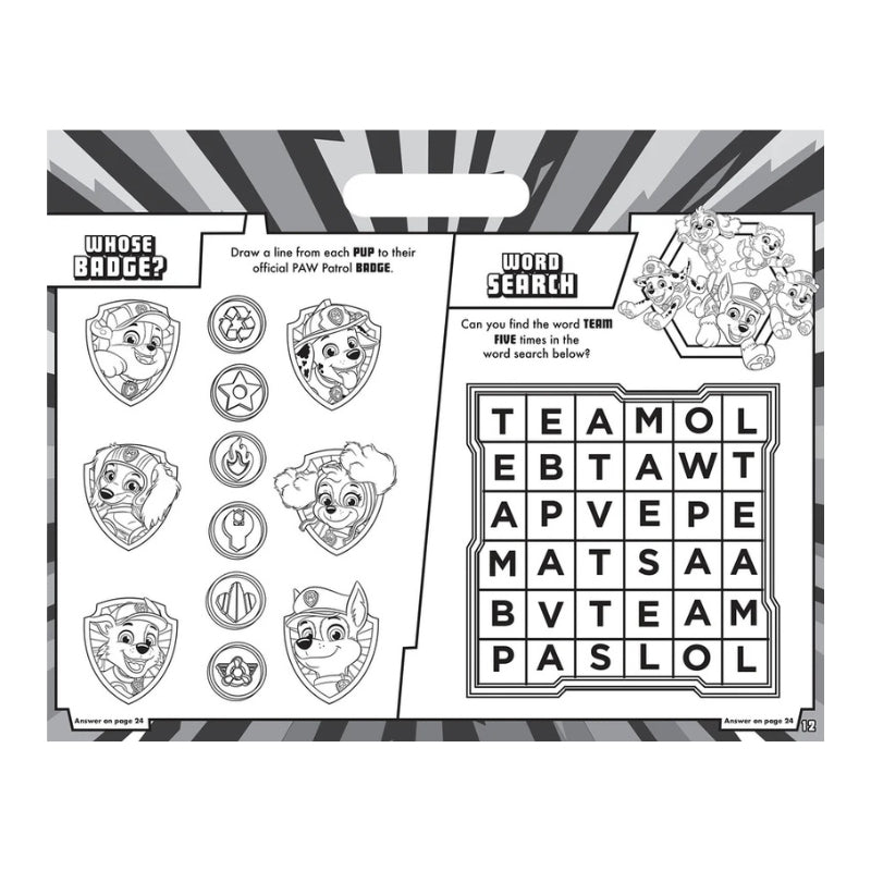 A Paw Patrol themed activity sheet or coloring page featuring character badges, a word search, and drawing instructions on a black and white background.