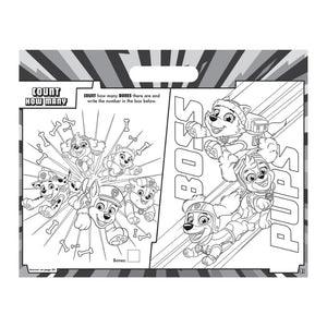 A black and white Paw Patrol coloring page activity sheet featuring the characters Rubble, Chase, Skye, Marshall, and Zuma in a comic-style layout with counting instructions.