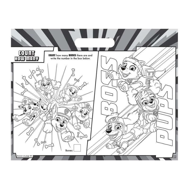 A black and white Paw Patrol coloring page activity sheet featuring the characters Rubble, Chase, Skye, Marshall, and Zuma in a comic-style layout with counting instructions.