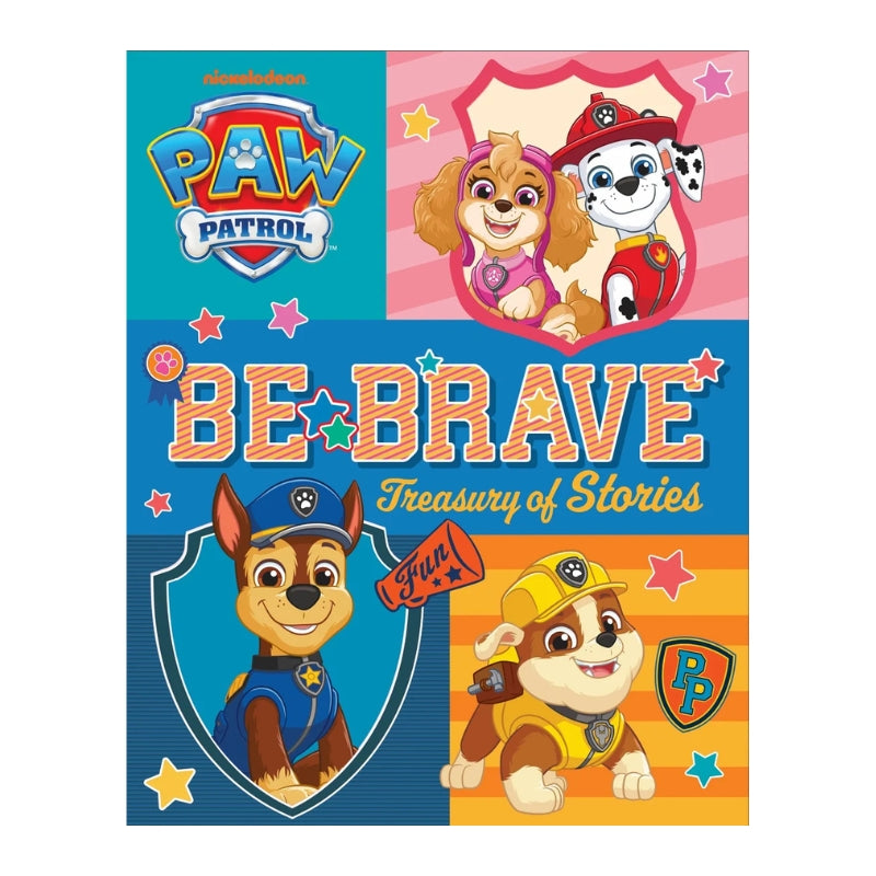 PAW Patrol 'Be Brave Treasury of Stories' book cover featuring multiple character illustrations and the title on a colorful split background.