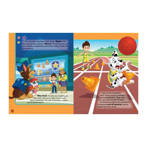 A two-page PAW Patrol_Treasury of Stories Vol.5 Be Brave_5 showing illustrated cartoon characters on a track and basketball court, with text boxes and a basketball graphic.