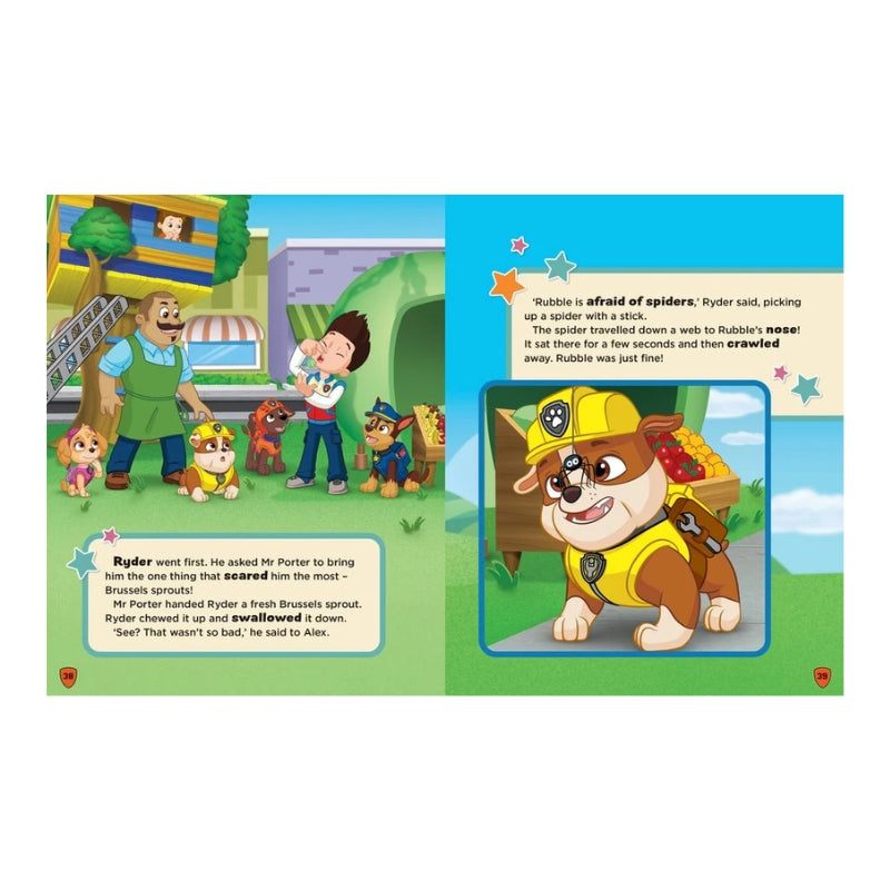 A PAWPatrol_Treasury of StoriesVol.5 Be Brave_5 showing a colorful cartoon illustration with text boxes and a puppy wearing a yellow firefighter helmet and backpack, set against a plain white background.