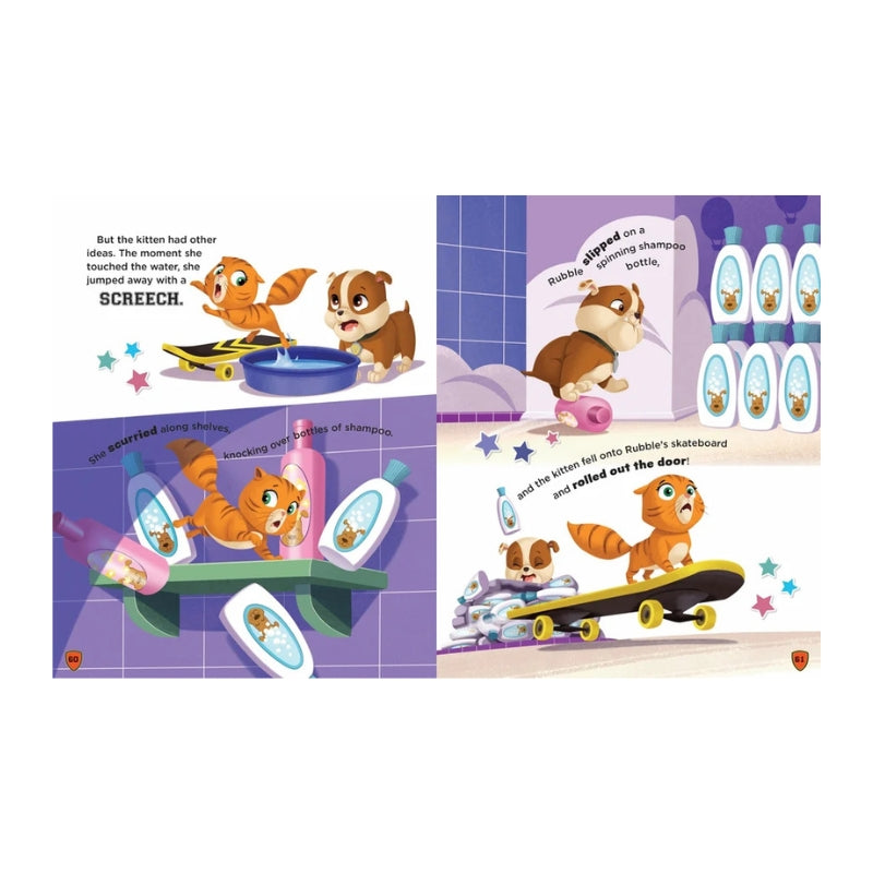 A PAW Patrol_Treasury of Stories Vol.5 Be Brave_5two-page spread from a children's picture book showing cartoon animal characters in a bathroom scene with text and illustrations of shampoo bottles. The pages are photographed on a plain white background.