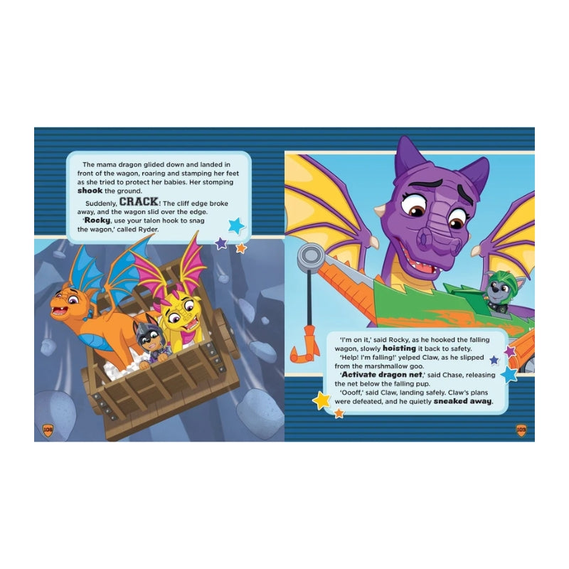 A PAW Patrol_Treasury of Stories Vol.5 Be Brave_5 printed children's book or activity sheet spread with colorful dragon illustrations and two text boxes on a white page background.