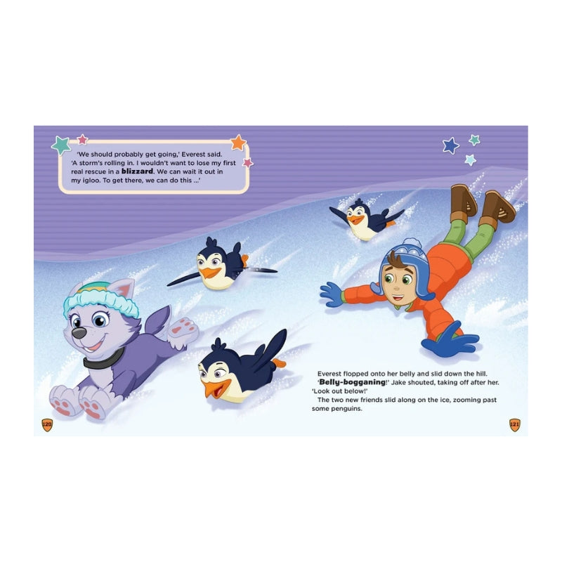 A PAW Patrol_TreasuryofStories Vol.5 Be Brave_5 activity page showing cartoon animals sliding and flying on ice, with a purple header and text boxes containing story text.
