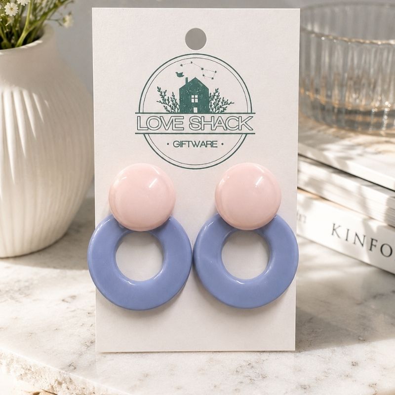 Pair of Pastel Pop Dangle Earrings on a 'Love Shack Giftware' card with a blurred background.