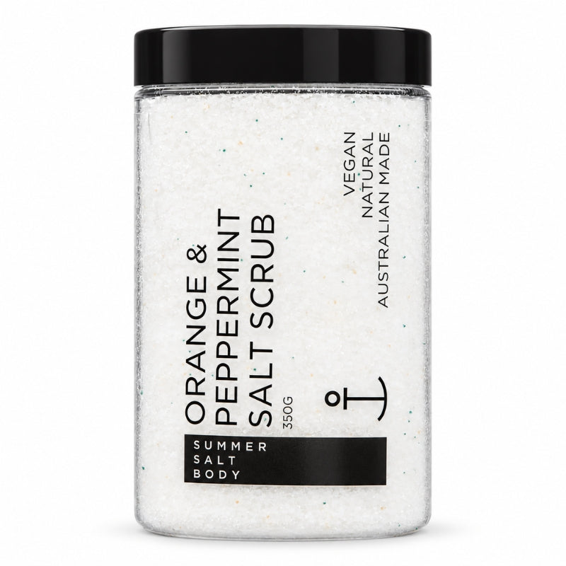 Summer Salt Body Orange and Peppermint Salt Scrub 350g tub on white background