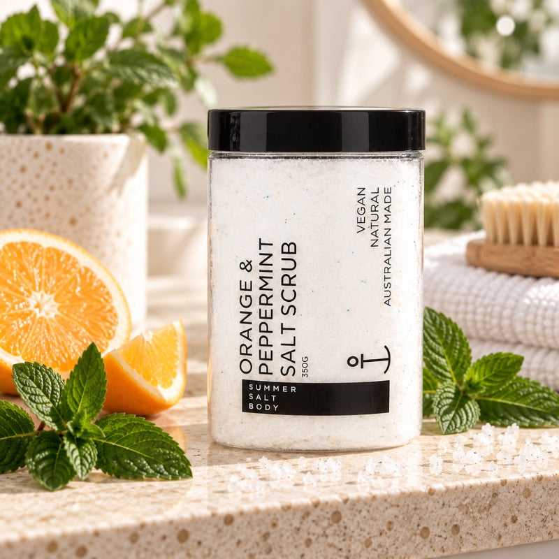 Summer Salt Body Orange and Peppermint Salt Scrub styled on a light stone bathroom vanity