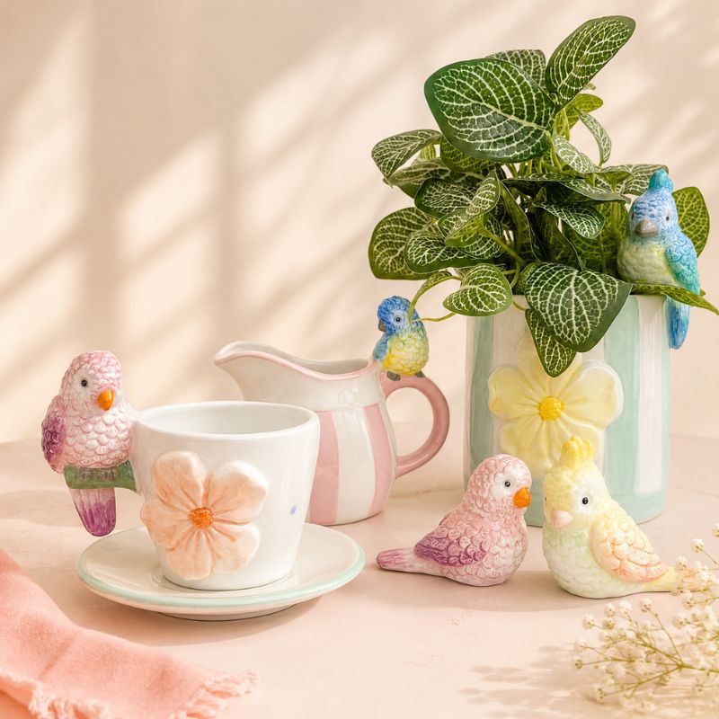 Decorative items including a mug with a flower, bird-shaped teapot, and ceramic birds on a light background._Loveshack Giftware