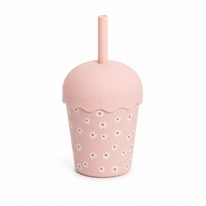 Pink Daisy Mini Smoothie Cup & Straw, 200 ml, on a white background