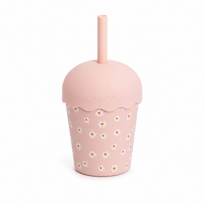 Pink Daisy Mini Smoothie Cup & Straw, 200 ml, on a white background