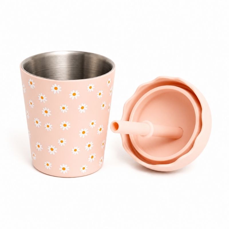 Pink Daisy Mini Smoothie Cup & Straw, 200 ml, on a white background