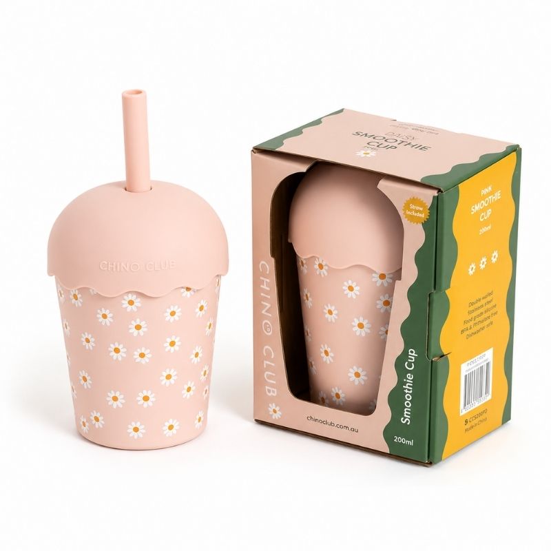 Pink Daisy Mini Smoothie Cup & Straw 200ml displayed with packaging on a white background