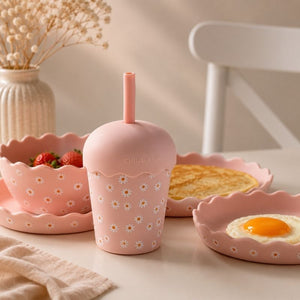 Pink Daisy Mini Smoothie Cup & Straw 200ml on a table with breakfast items