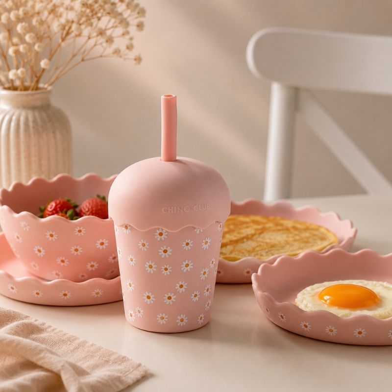 Pink Daisy Mini Smoothie Cup & Straw 200ml on a table with breakfast items