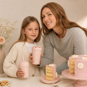 Woman and young girl holding Pink Daisy Mini Smoothie Cup & Straw 200ml with a cake on a table.