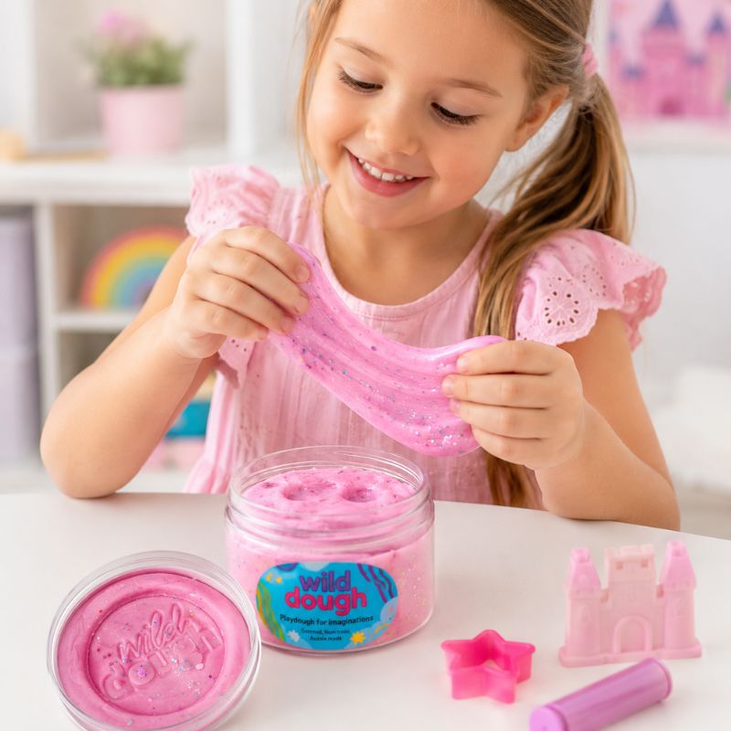Child playing with Pink Tutti Fruiti Glitter - Jar 280 g and tools in a bright room