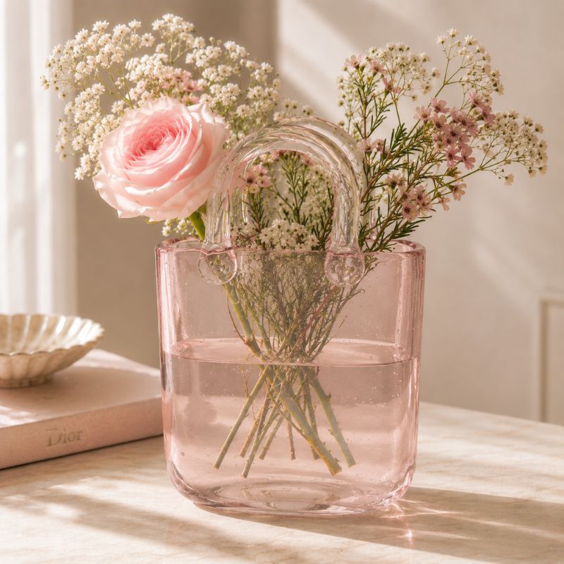 Pink glass vase with flowers on a table