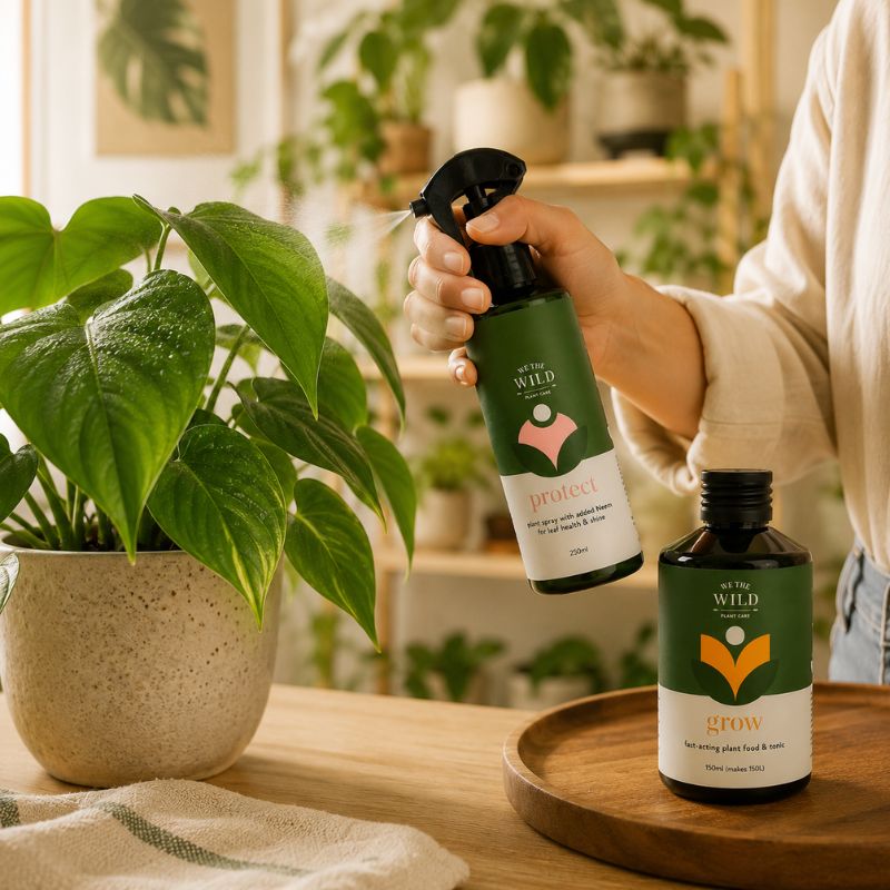 A person holds a We The Wild Protect Organic Plant Spray on healthy indoor houseplant leaves. sits on a wooden tray next to a potted green plant in a bright, plant-filled room.