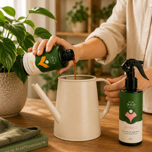A person pours We The Wild Grow Organic Liquid Plant Food into a watering can for indoor plant care. from a small bottle into a white watering can on a wooden table, with a matching We the Wild – Protect Spray with Neem from the same brand standing nearby. The scene includes potted plants and a softly blurred indoor background.