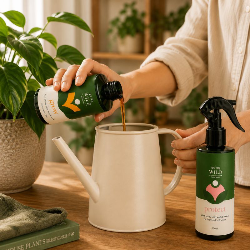 A person pours We The Wild Grow Organic Liquid Plant Food into a watering can for indoor plant care. from a small bottle into a white watering can on a wooden table, with a matching We the Wild – Protect Spray with Neem from the same brand standing nearby. The scene includes potted plants and a softly blurred indoor background.