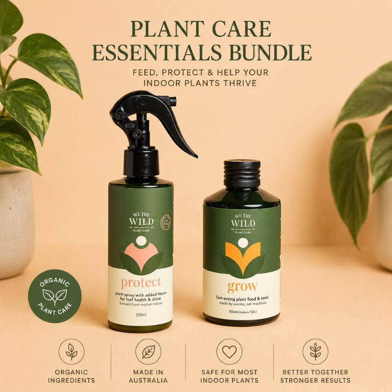 Plant Care Essentials Bundle includes Grow Organic Plant Food and Protect Neem Oil Plant Spray for complete indoor plant care.