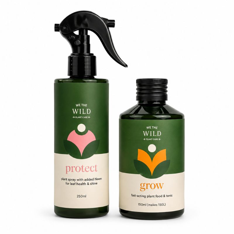 Plant Care Essentials Bundle featuring We The Wild Protect Organic Plant Spray and Grow Organic Liquid Plant Food.