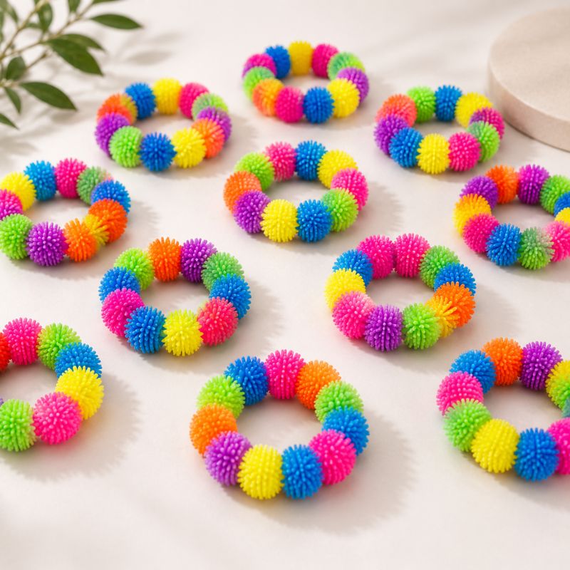 Multiple colorful Pom Pom Squishy Bracelet arranged on a light surface, with a small leaf in the top-left corner and part of a round object in the top-right. The rings are made of bright, fuzzy, spiky material in rainbow colors including pink, yellow, blue, green, orange, and purple.