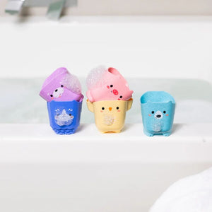 Animal bath cups placed on bathtub edge with water background