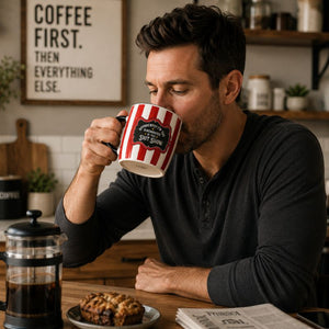 A man in a dark gray henley shirt sits at a wooden table in a cozy kitchen setting, drinking from a white mug with red and white vertical stripes and a black label that reads 'A Man's Coffee of Choice.' A French press, a pastry on a plate, and a newspaper are on the table, with a framed sign in the background.