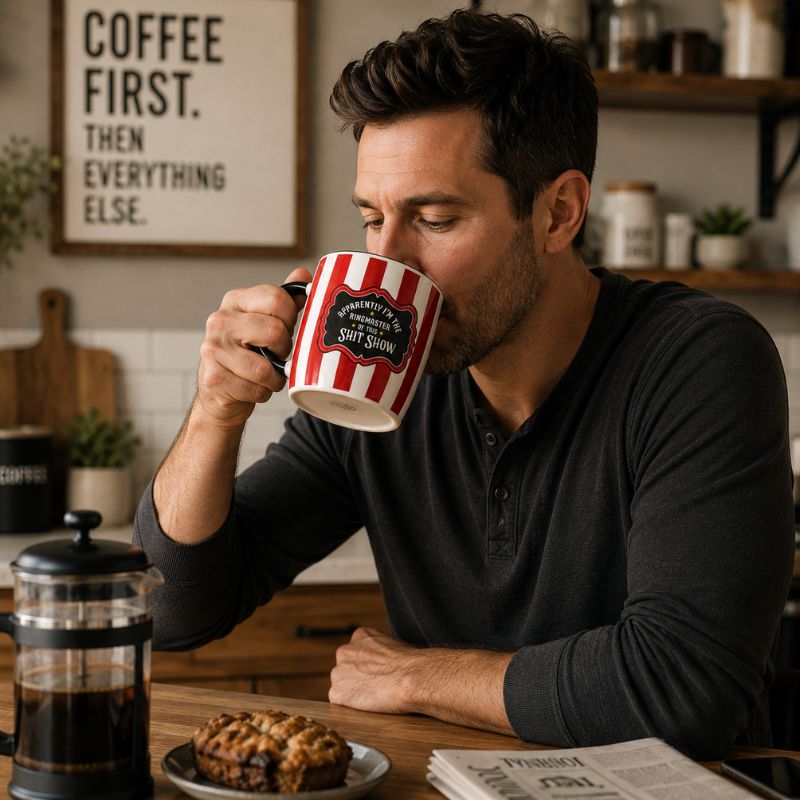 A man in a dark gray henley shirt sits at a wooden table in a cozy kitchen setting, drinking from a white mug with red and white vertical stripes and a black label that reads 'A Man's Coffee of Choice.' A French press, a pastry on a plate, and a newspaper are on the table, with a framed sign in the background.