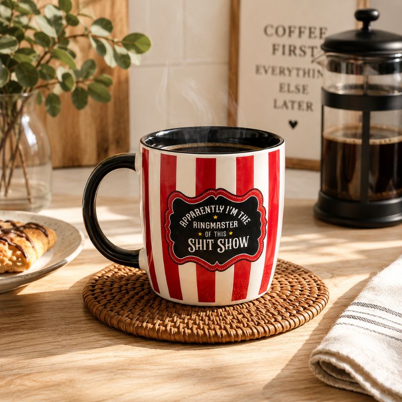 A ceramic coffee mug with red and white vertical stripes and a black handle, sitting on a woven coaster on a wooden table. The mug features a black label with the text 'APARENTLY I'M THE RINGMASTER OF THIS SHIT SHOW'.