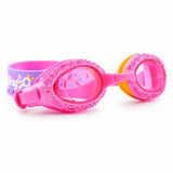 Rock Candy Pink Swim Goggles with sparkling crystal-inspired frame, pink silicone construction, adjustable strap, and candy-themed design on a clean white background.