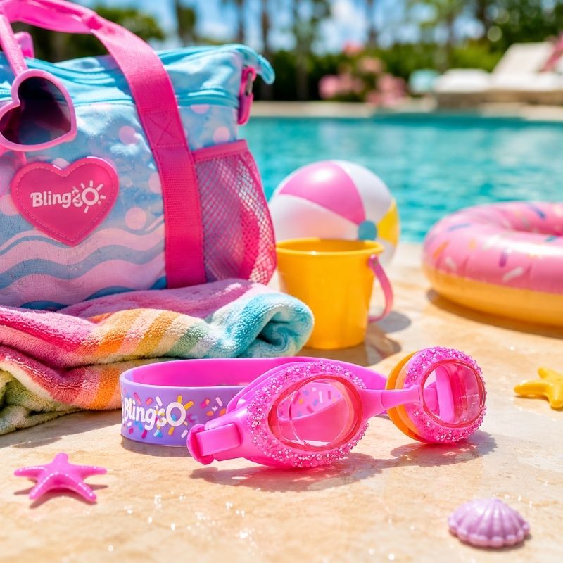 Rock Candy Pink Swim Goggles styled with a children's swim bag, colorful beach toys, and pool accessories, capturing a fun family-friendly summer adventure theme.