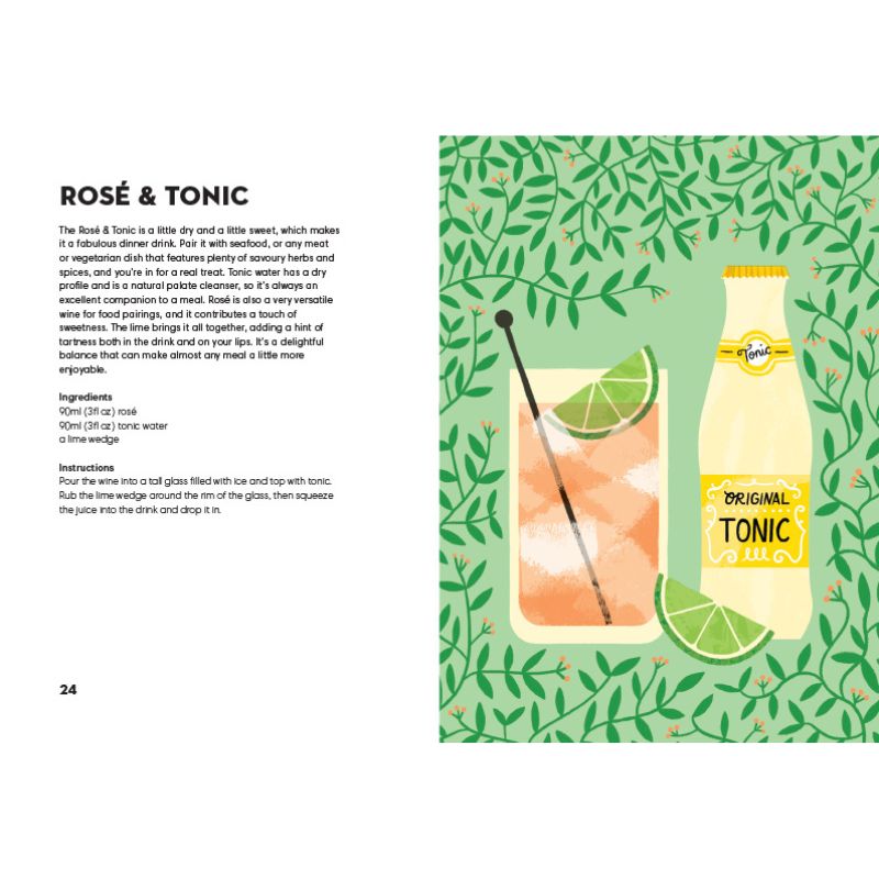 Illustration of a Rosé & Tonic drink recipe with a bottle of tonic water on a green leafy background.