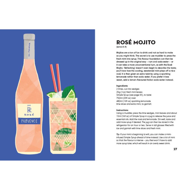 Rosé mojito recipe with bottle and glass on a blue background