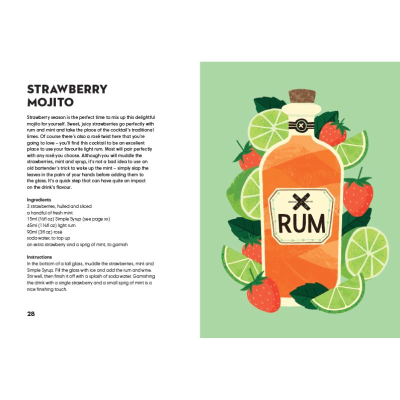 Illustration of a bottle labeled 'X Rum' with strawberry, lime, and mint on a green background.