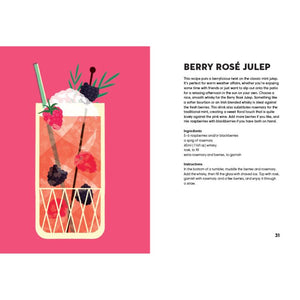 Illustration of a Berry Rosé Julep cocktail with text on a pink Rose Made Me Do It: 60 Seriously Pink Punches & Cocktails background