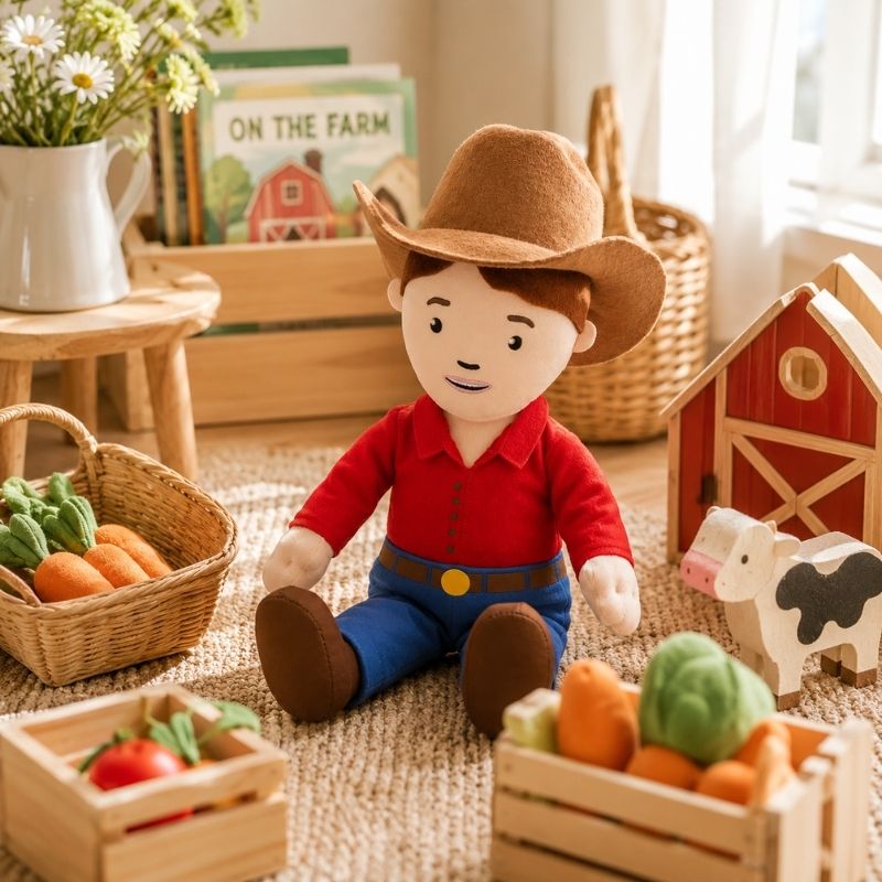 Ruby Farmer Cuddle Doll 
with farm-themed items including a barn, vegetables, and a book in a cozy indoor setting.