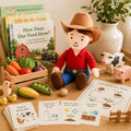 Child playing with Ruby Farmer Cuddle Doll alongside farm toys, tractor, animals, and educational farm book