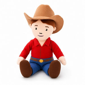 Ruby Farmer Cuddle Doll Plush toy cowboy figure with a red shirt, blue pants, and brown hat on a white background
