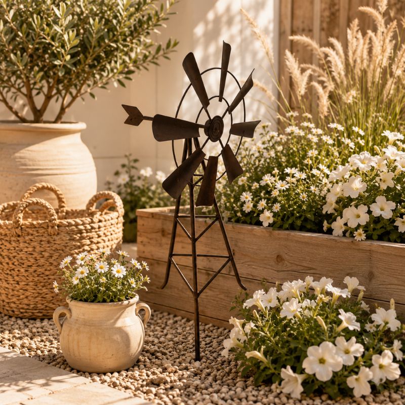 Rustic windmill garden stake styled beside a raised flower bed with woven baskets, white blooms, and natural garden accents.