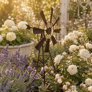 Farmhouse garden windmill ornament positioned among lavender, hydrangeas, and white flowers in an elegant cottage garden setting.