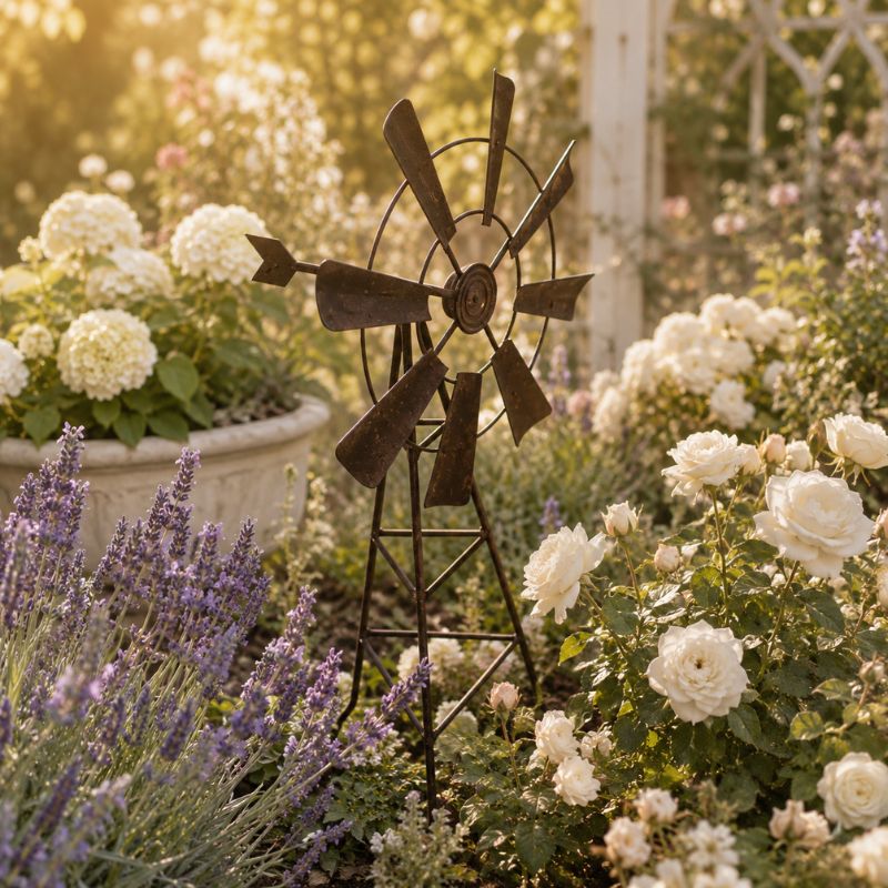 Farmhouse garden windmill ornament positioned among lavender, hydrangeas, and white flowers in an elegant cottage garden setting.