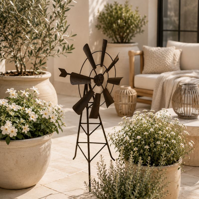 Decorative metal windmill stake featured in a modern botanical courtyard surrounded by neutral planters and lush greenery.