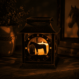 Horse candle lantern illuminated at night, creating a warm ambient glow with western-inspired décor.