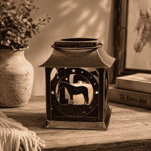 Western horse lantern displayed on a styled wooden shelf with books, dried florals, and neutral farmhouse décor.