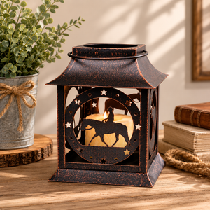 Western horse lantern candle holder displayed in a neutral interior with soft natural light and decorative accessories.